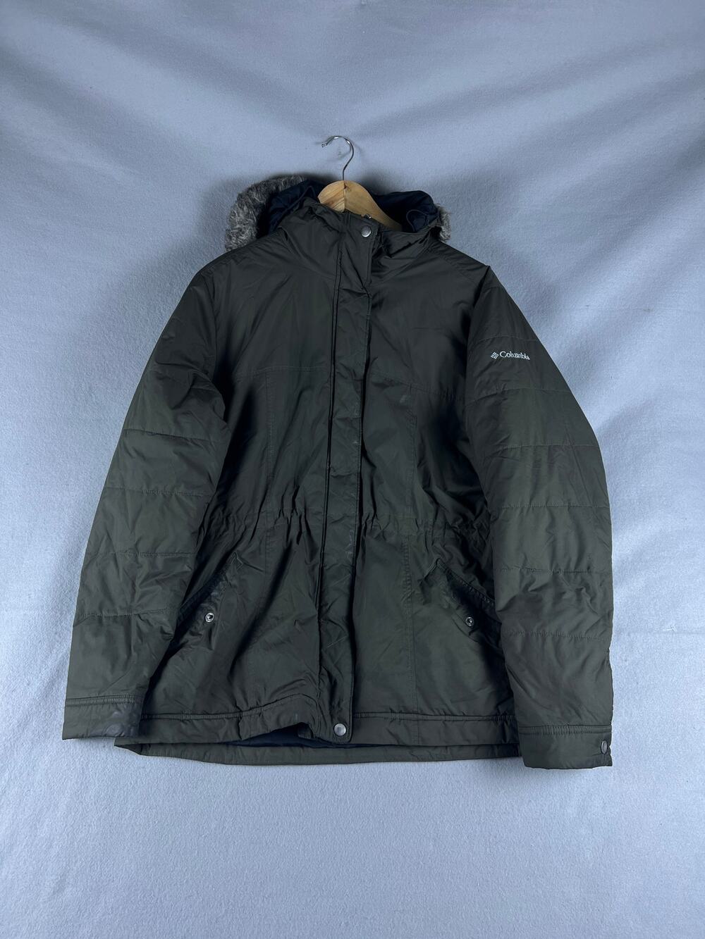 Columbia Parka Coat Womens XL Olive Green Faux Fur Trim Winter Outdoor Jacket